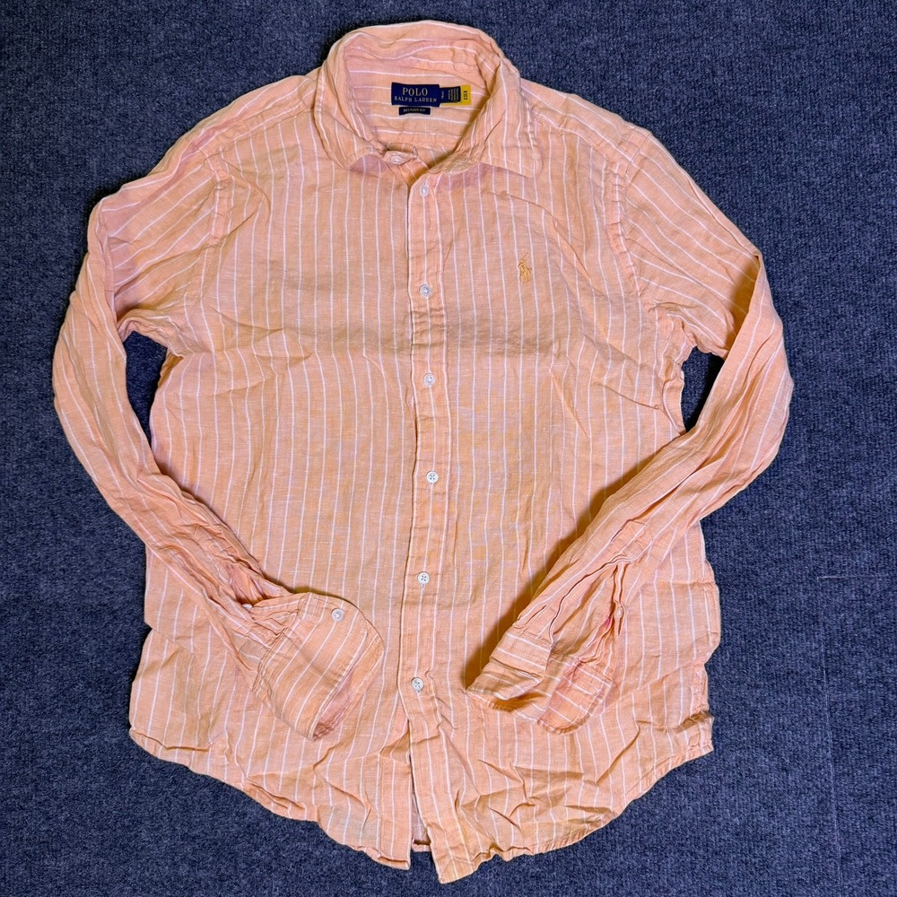 Polo Ralph Lauren Mens Small Relaxed Fit Linen Striped Button Down Shirt Peach